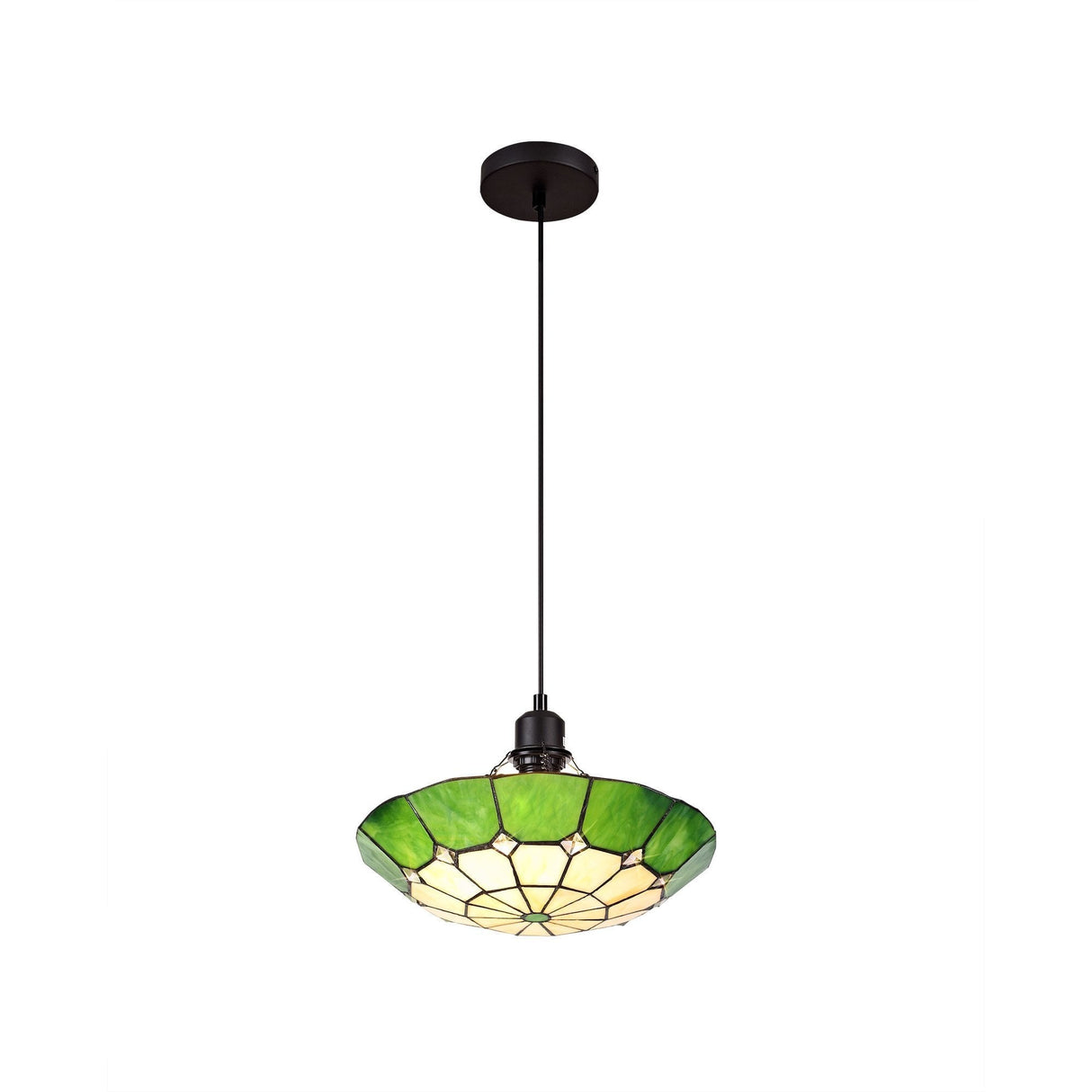 Elegant 1-Light Pendant with 35cm Tiffany Shade in Cream, Green & Antique Brass Finish