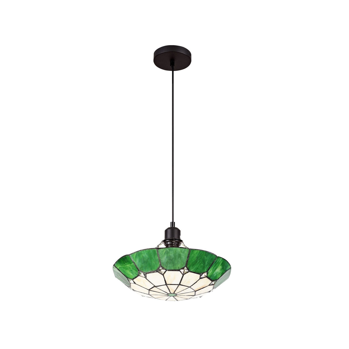 Elegant 1-Light Pendant with 35cm Tiffany Shade in Cream, Green & Antique Brass Finish
