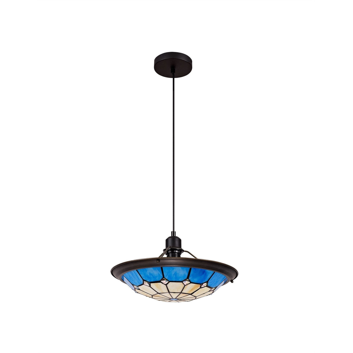 Tiffany Style Pendant Light with Rich Blue and Cream Shade, Antique Brass Trim, and Crystal Accent