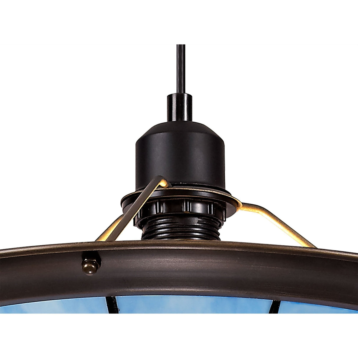 Tiffany Style Pendant Light with Rich Blue and Cream Shade, Antique Brass Trim, and Crystal Accent