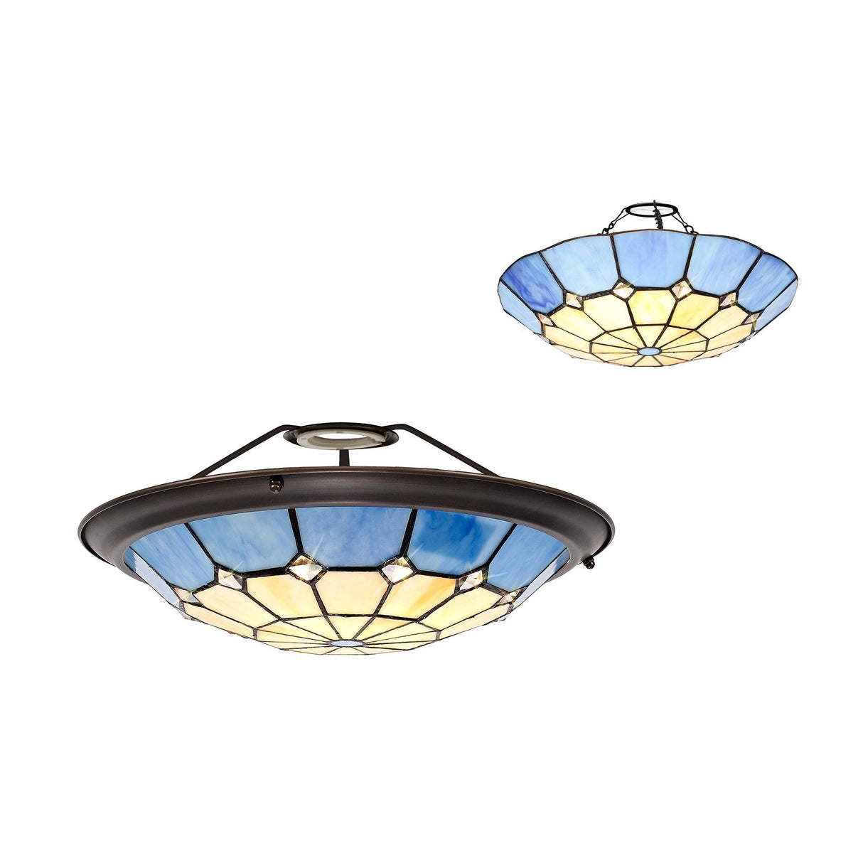 Tiffany Style Pendant Light with Rich Blue and Cream Shade, Antique Brass Trim, and Crystal Accent
