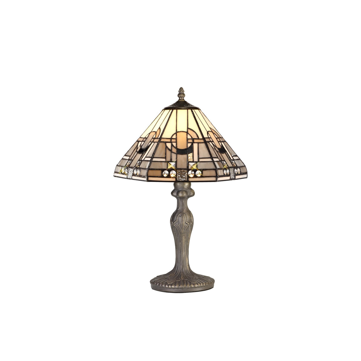 Elegant Tiffany Style Curved Table Lamp with 30cm Shade in Crystal and Aged Brass Finish