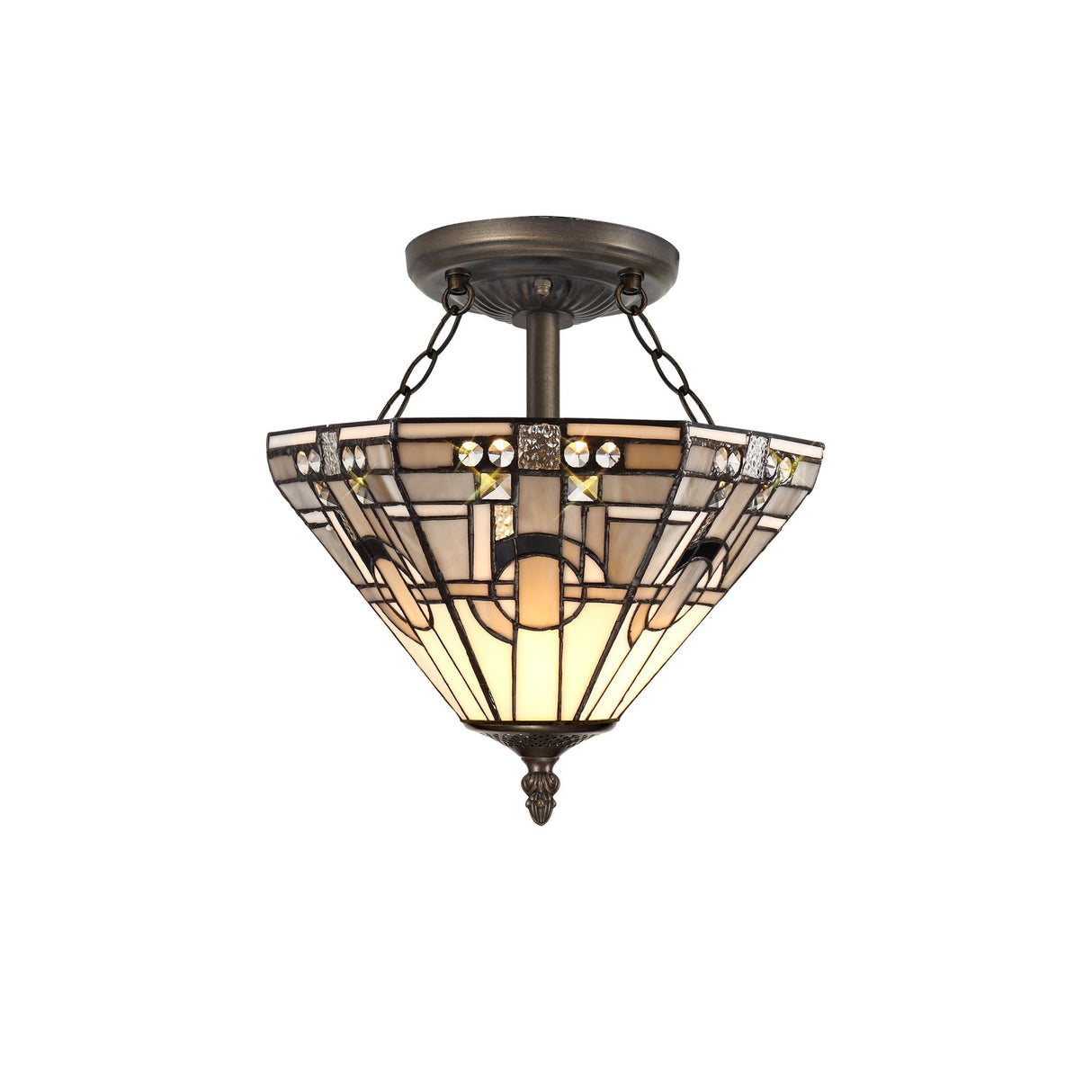 Tiffany Style Semi Flush Ceiling Light with Crystal Accents, Antique Brass Finish