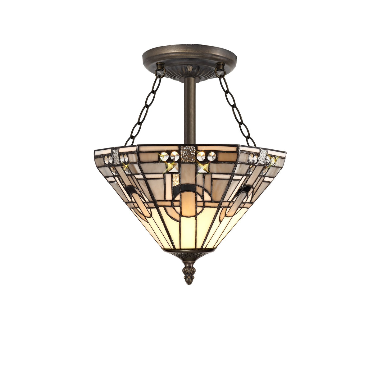 Elegant 3-Light Semi-Flush Mount with Antique Brass Finish and Tiffany-Style Shade