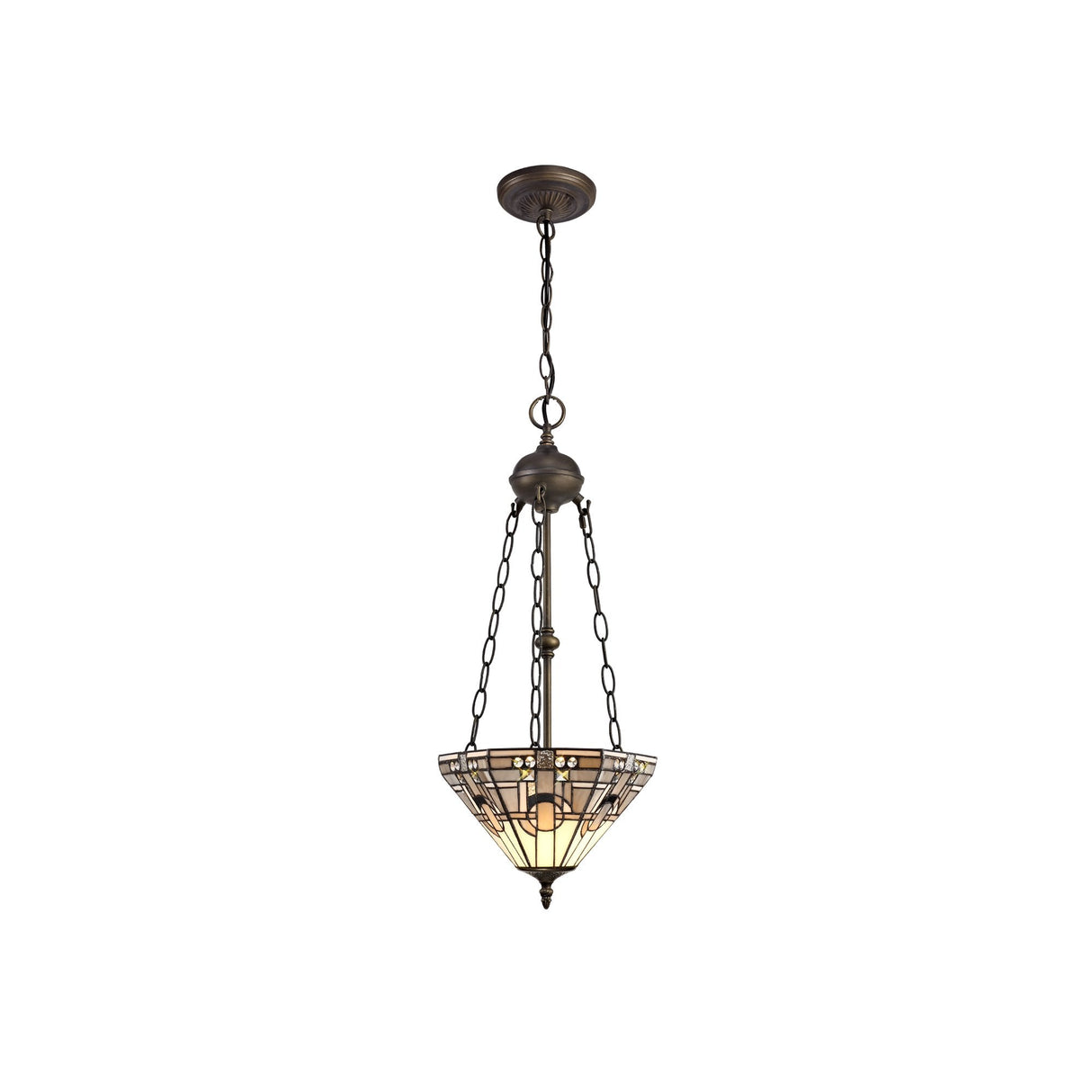 Antique Brass Two-Light Pendant with 30cm Tiffany Inspired Grey/White Shade and Clear Crystal Accents