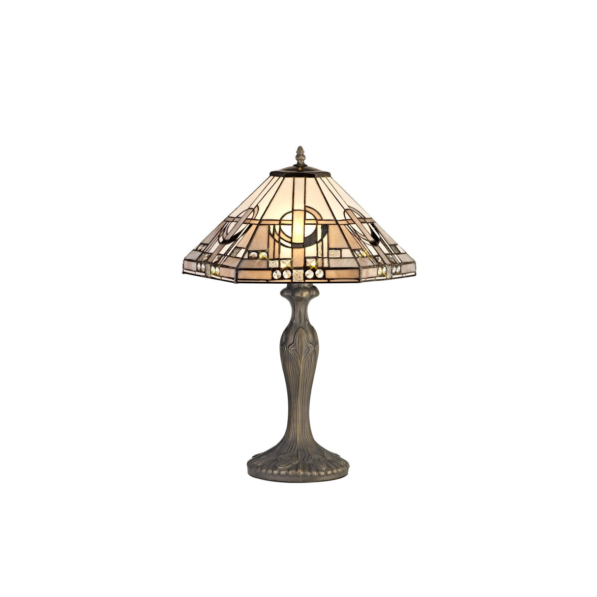 Elegant Dual-Light Curved Table Lamp with 40cm Grey/White Tiffany Shade and Antique Brass Finish