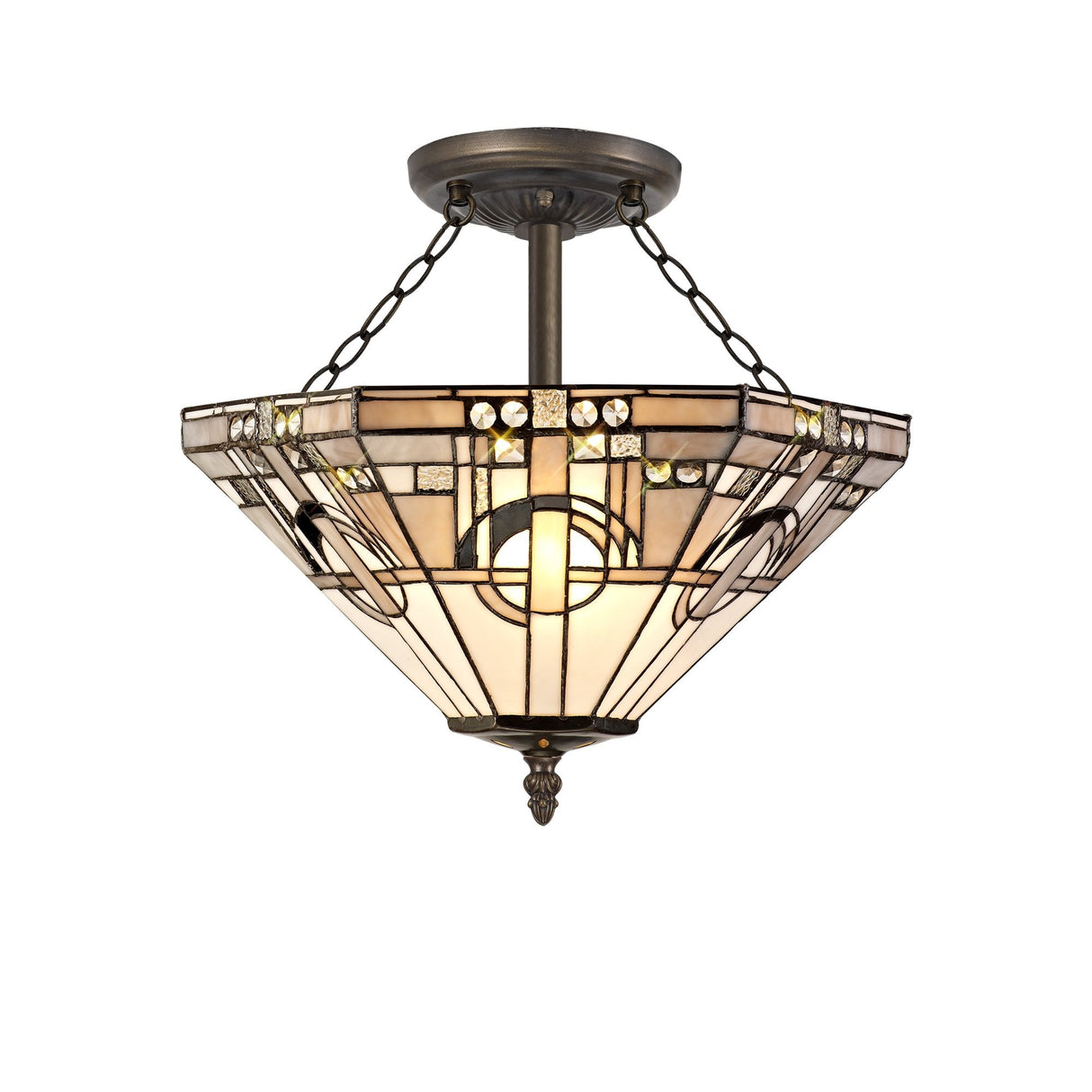 3-Light Semi-Flush Mount with Tiffany Glass Shade, Antique Brass Finish, 40cm Diameter