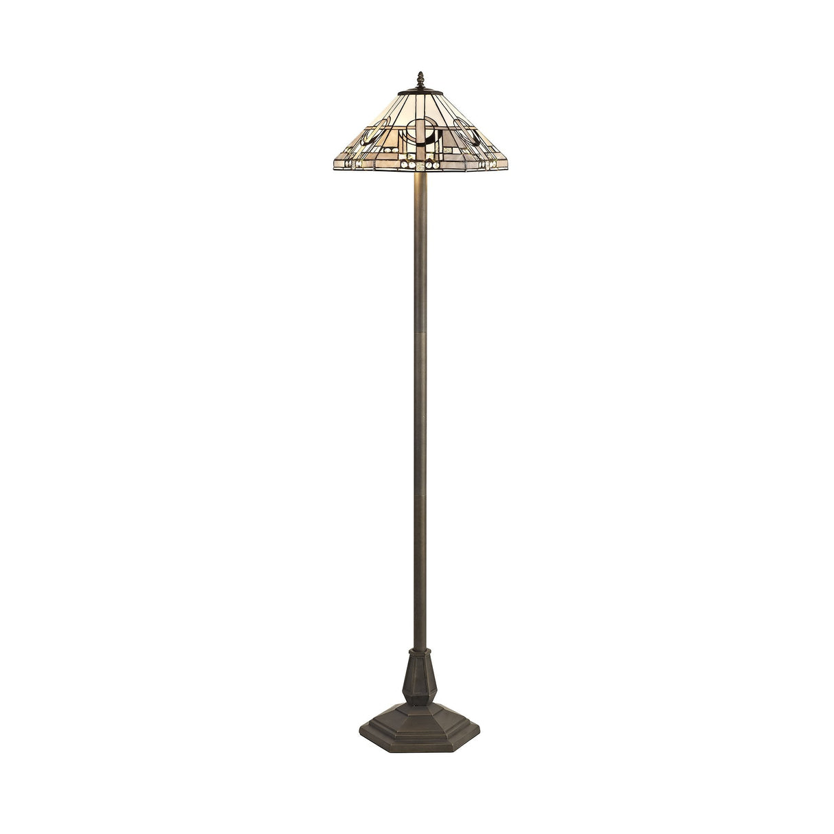 Elegant Octagonal Floor Lamp with 40cm Tiffany Shade in White/Grey with Antique Brass Finish