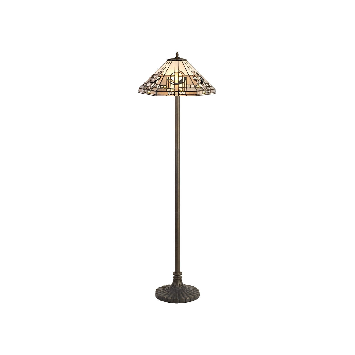 Elegant Dual-Light Stepped Floor Lamp with 40cm Tiffany Crystal Shade in Antique Brass and Monochrome Accents