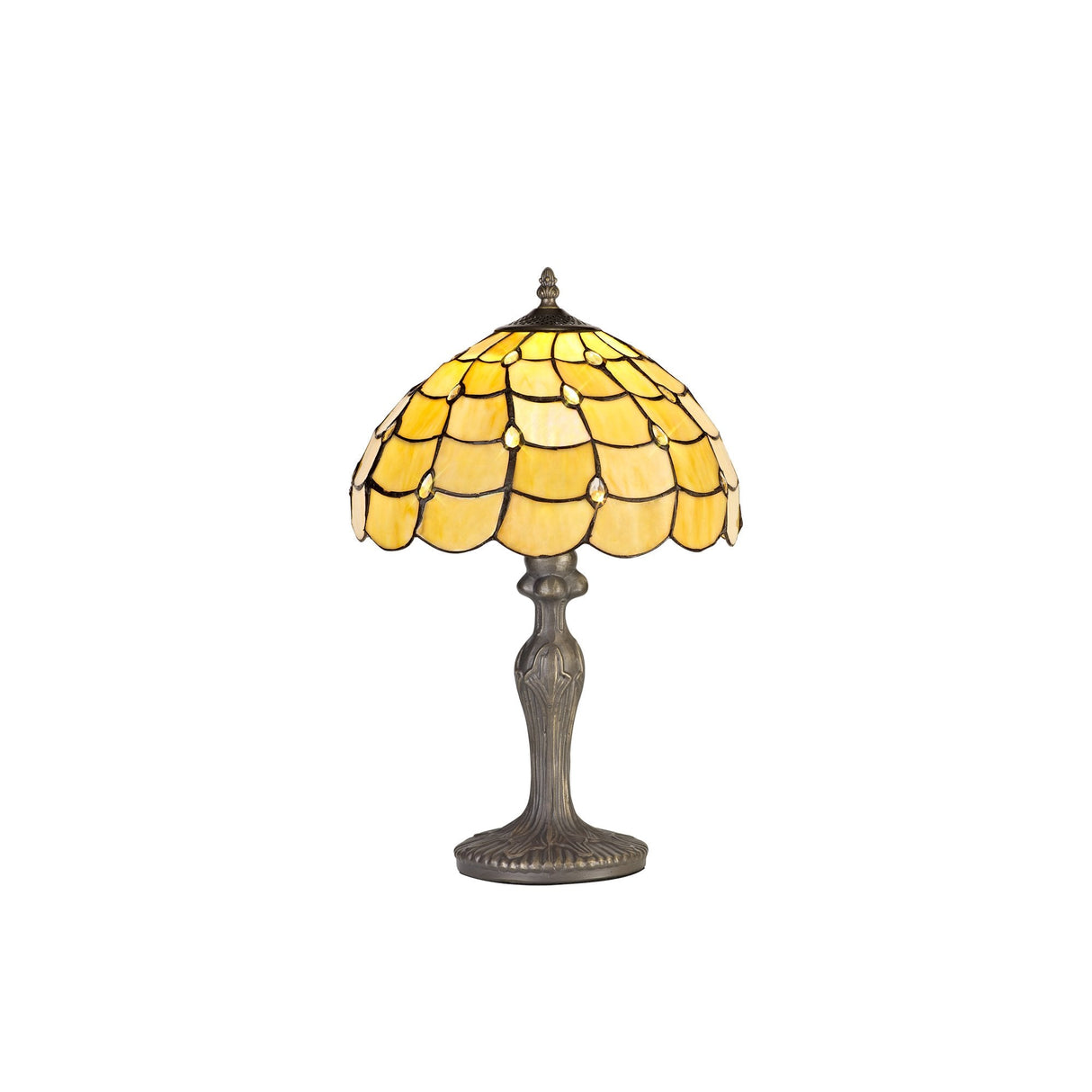 Elegant Curved Tiffany Table Lamp with Antique Brass Finish and Crystal Detailing