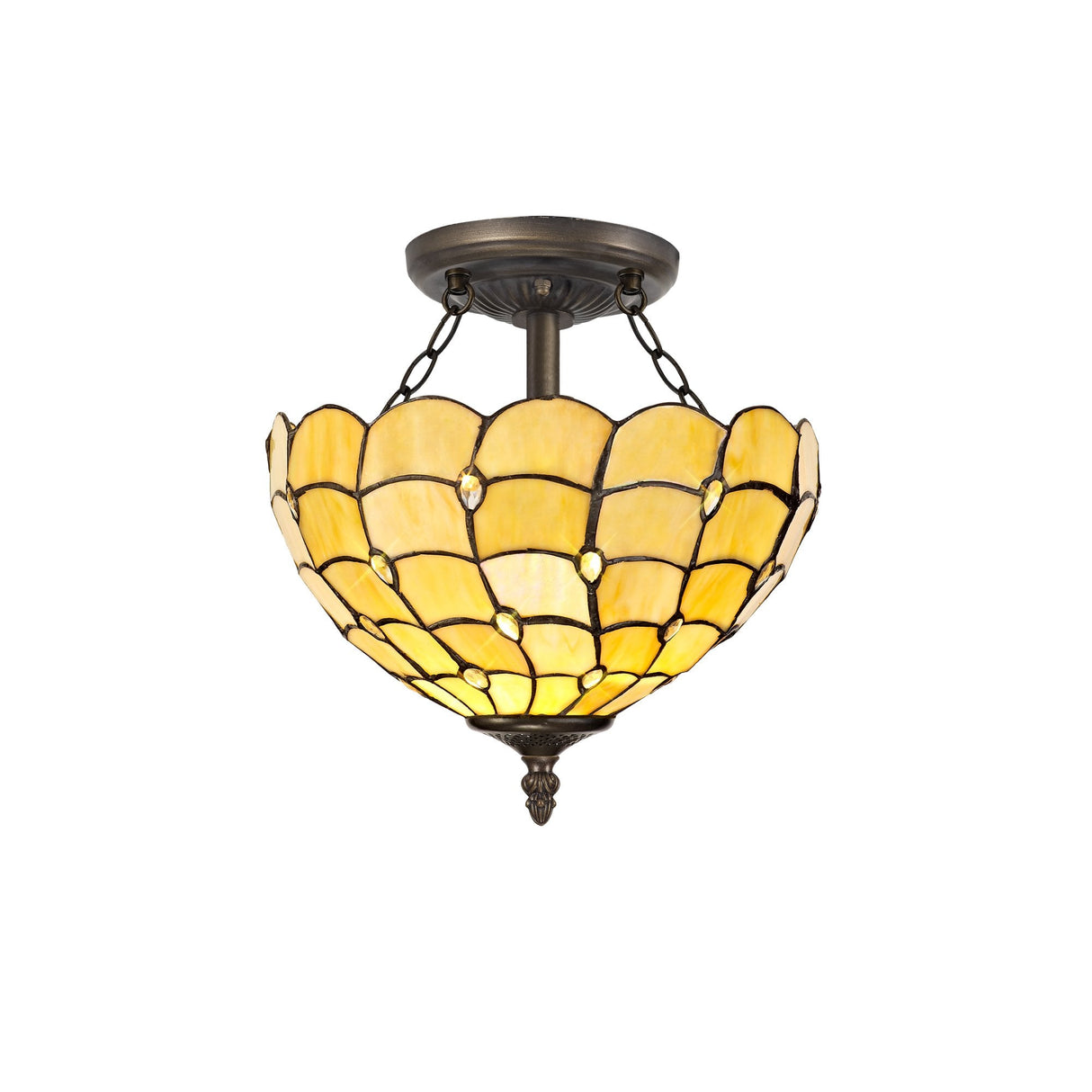 Elegant Dual Light Ceiling Fixture with 30cm Tiffany Shade in Beige and Clear Crystal with Antique Brass Finish
