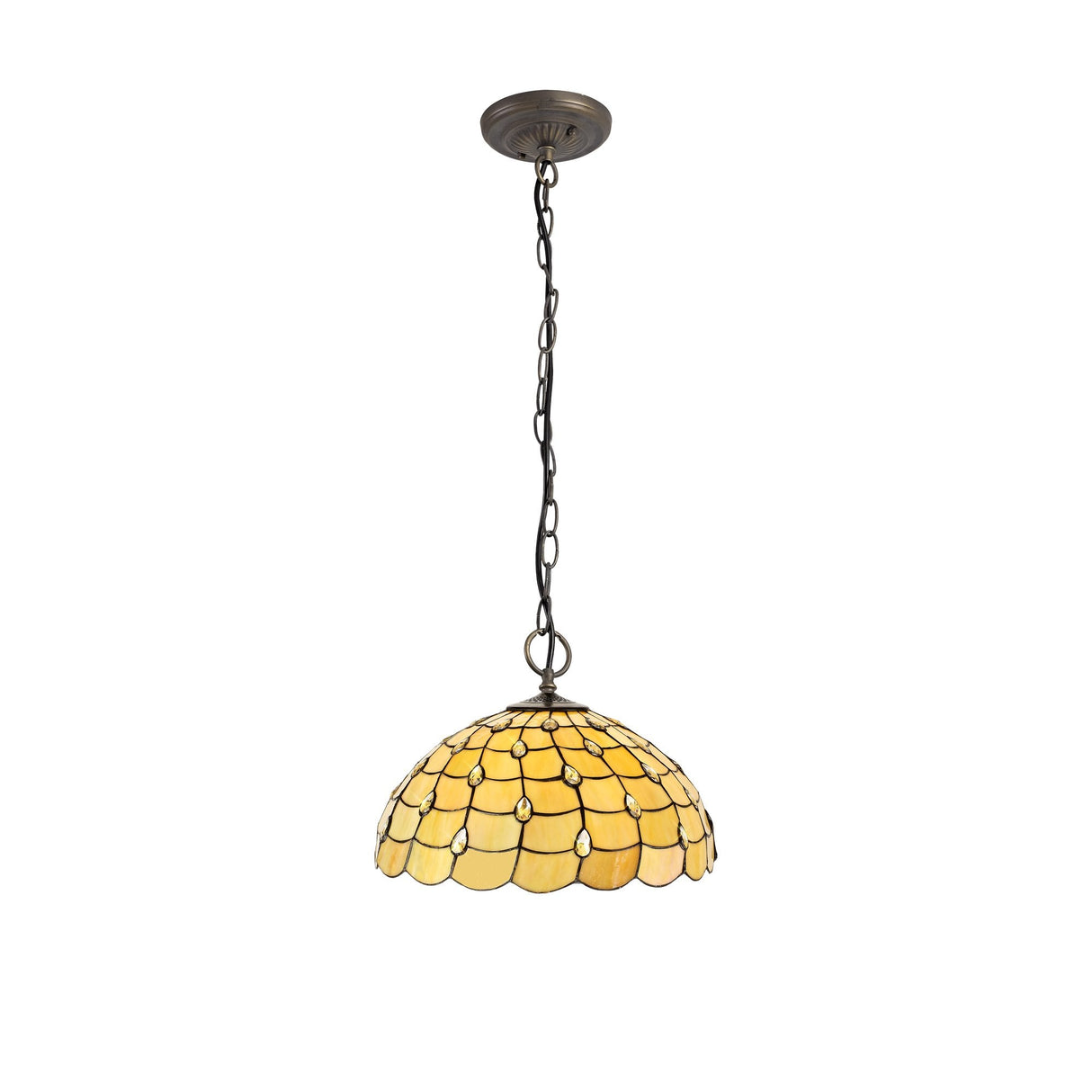 Elegant Triple Light Pendant with Tiffany Shade and Crystal Accents in Antique Brass Finish