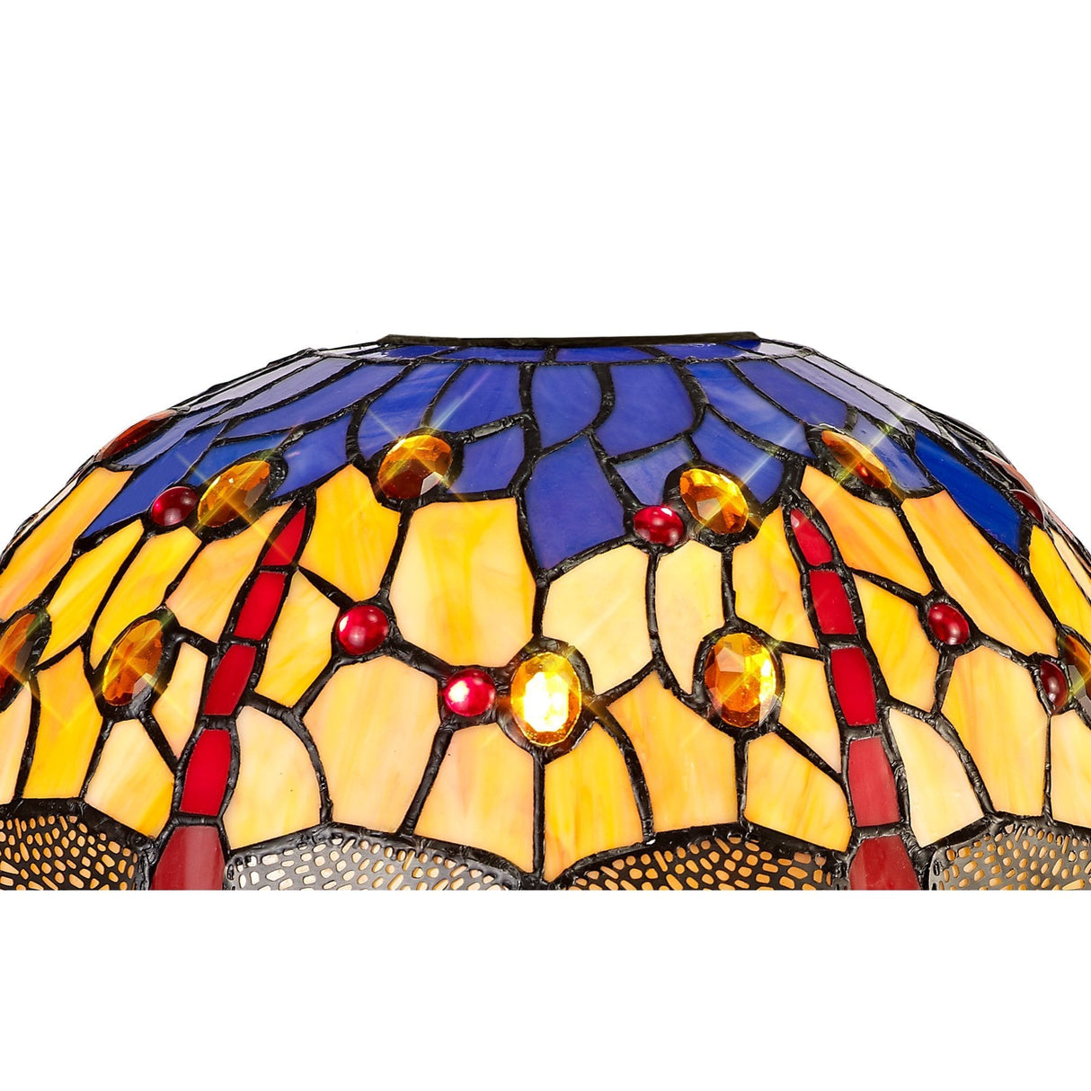 Elegant Tiffany Style Pendant Light with Blue and Orange Crystal Accents in Antique Brass Finish