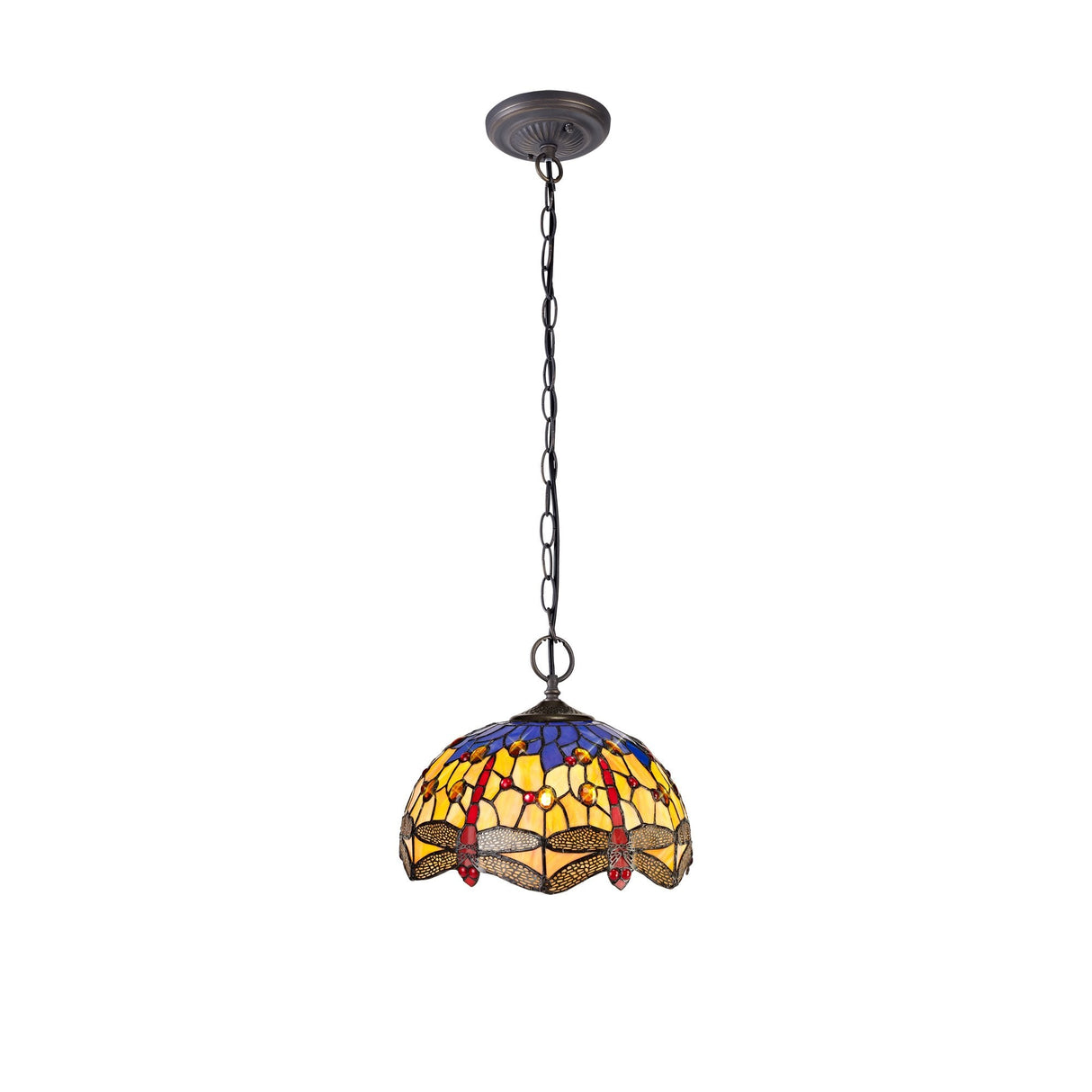 Artisan Dual-Light Pendant with 30cm Handcrafted Tiffany Shade in Blue, Orange, and Aged Antique Brass