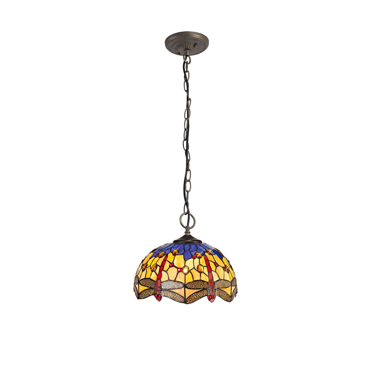 Tiffany-Style 3-Light Pendant with Blue and Orange Glass, Aged Brass Finish