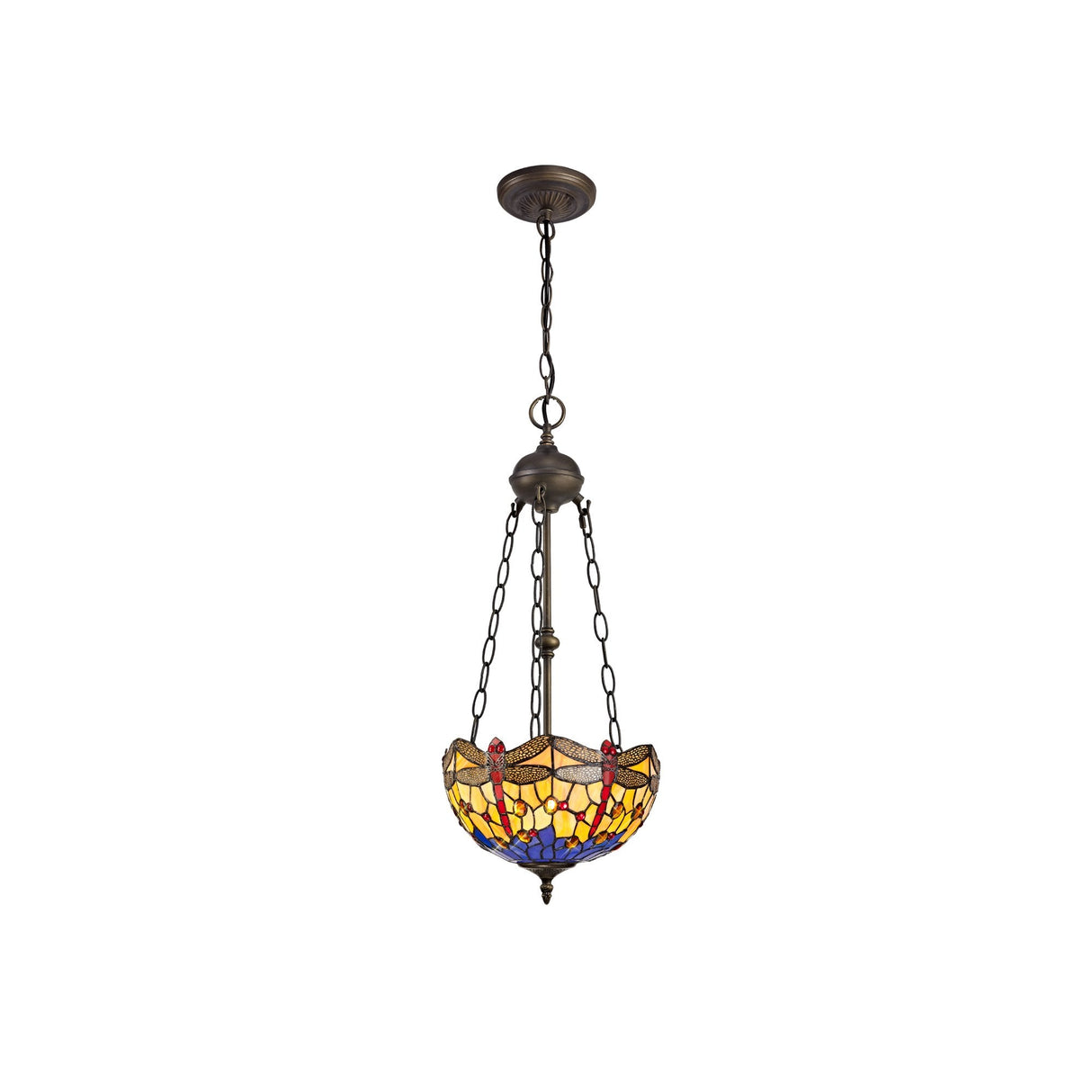 Elegant Tiffany-Style Dual Light Pendant with Blue and Orange Accents, Aged Brass Finish