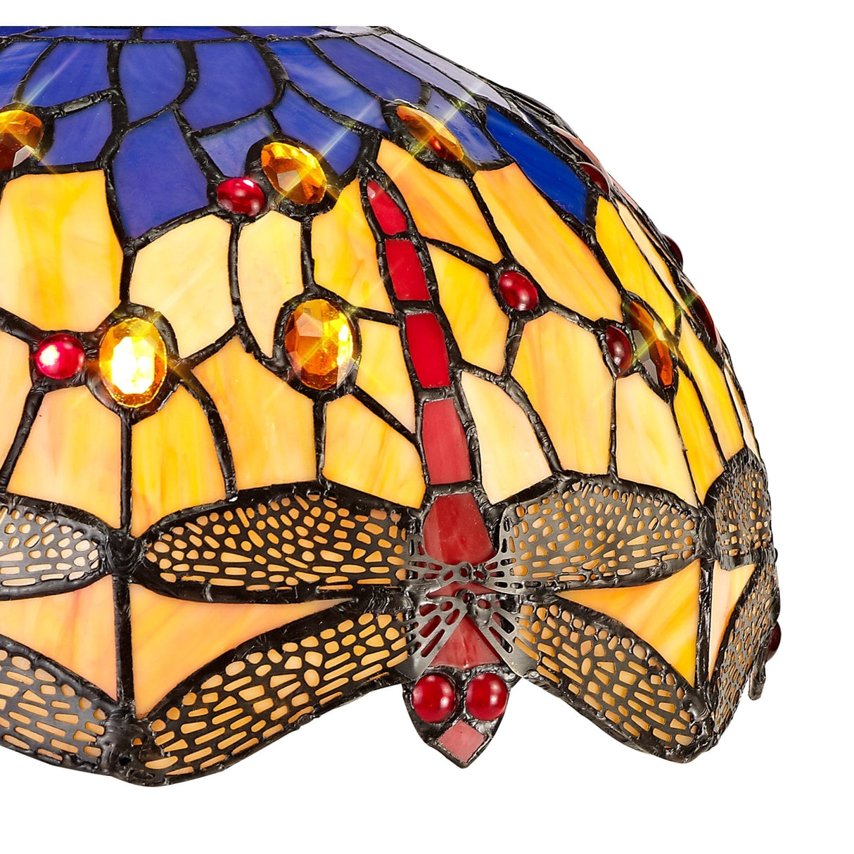 Elegant Tiffany-Style Tri-Light Pendant with Blue and Amber Crystals and Antique Brass Finish