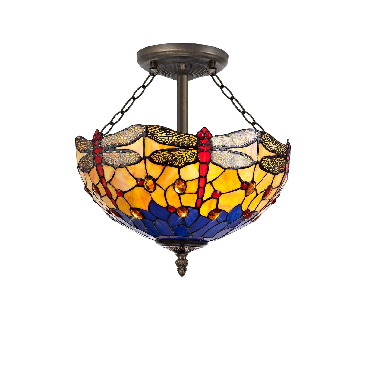 Exquisite 3-Light Tiffany Semi-Flush Ceiling Fixture with Antique Brass and Vibrant Blue/Orange Shade