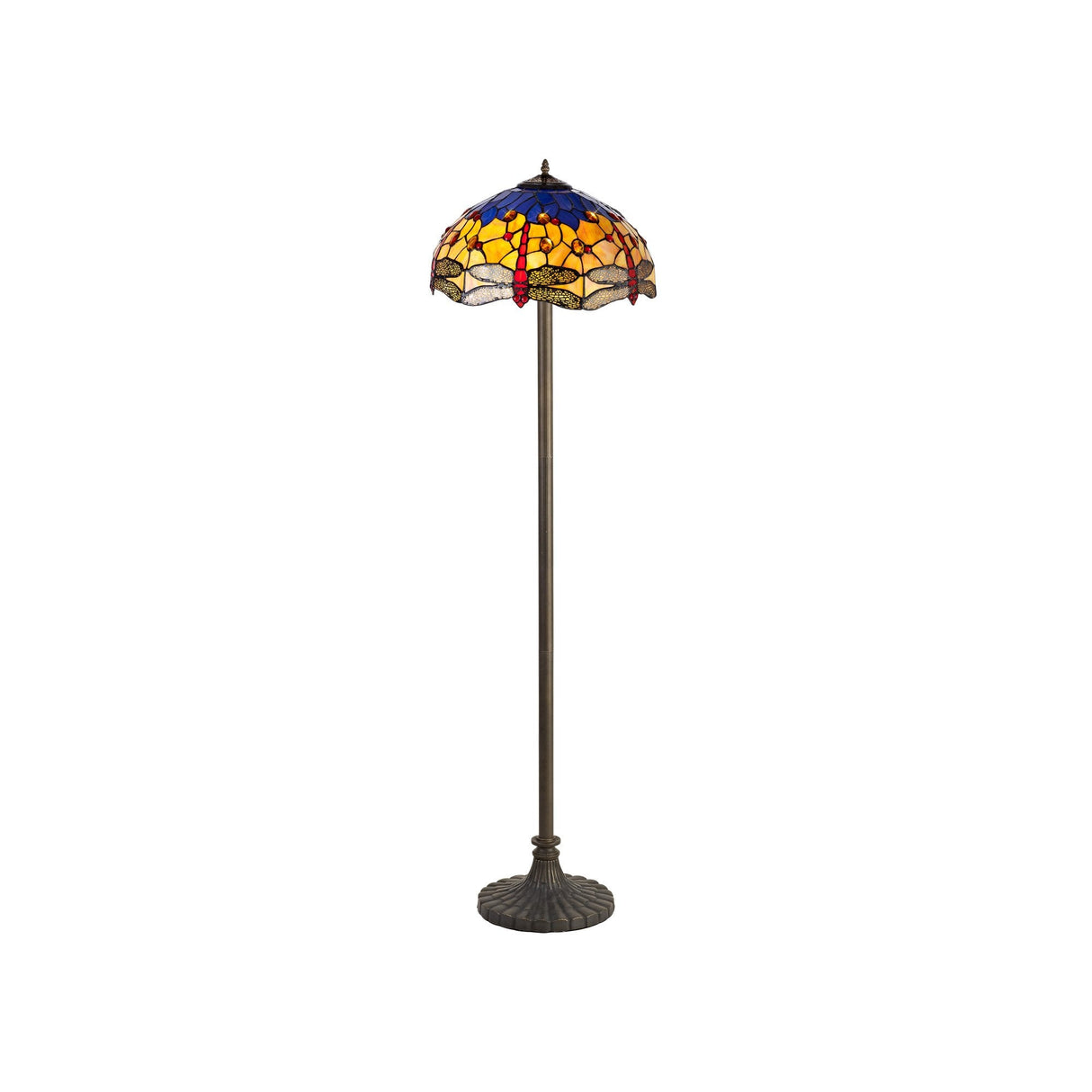 Vintage Two-Light Floor Lamp with Tiffany-Style Blue and Orange Shade, Aged Brass Finish