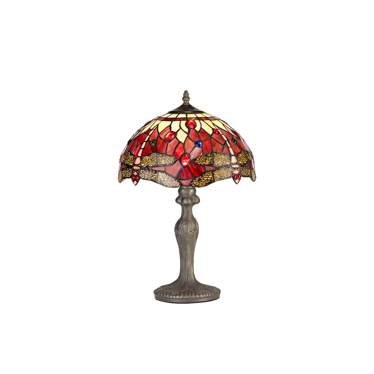 Elegant Tiffany Style Table Lamp with Antique Brass and Crystal Accents, Purple/Pink Shade