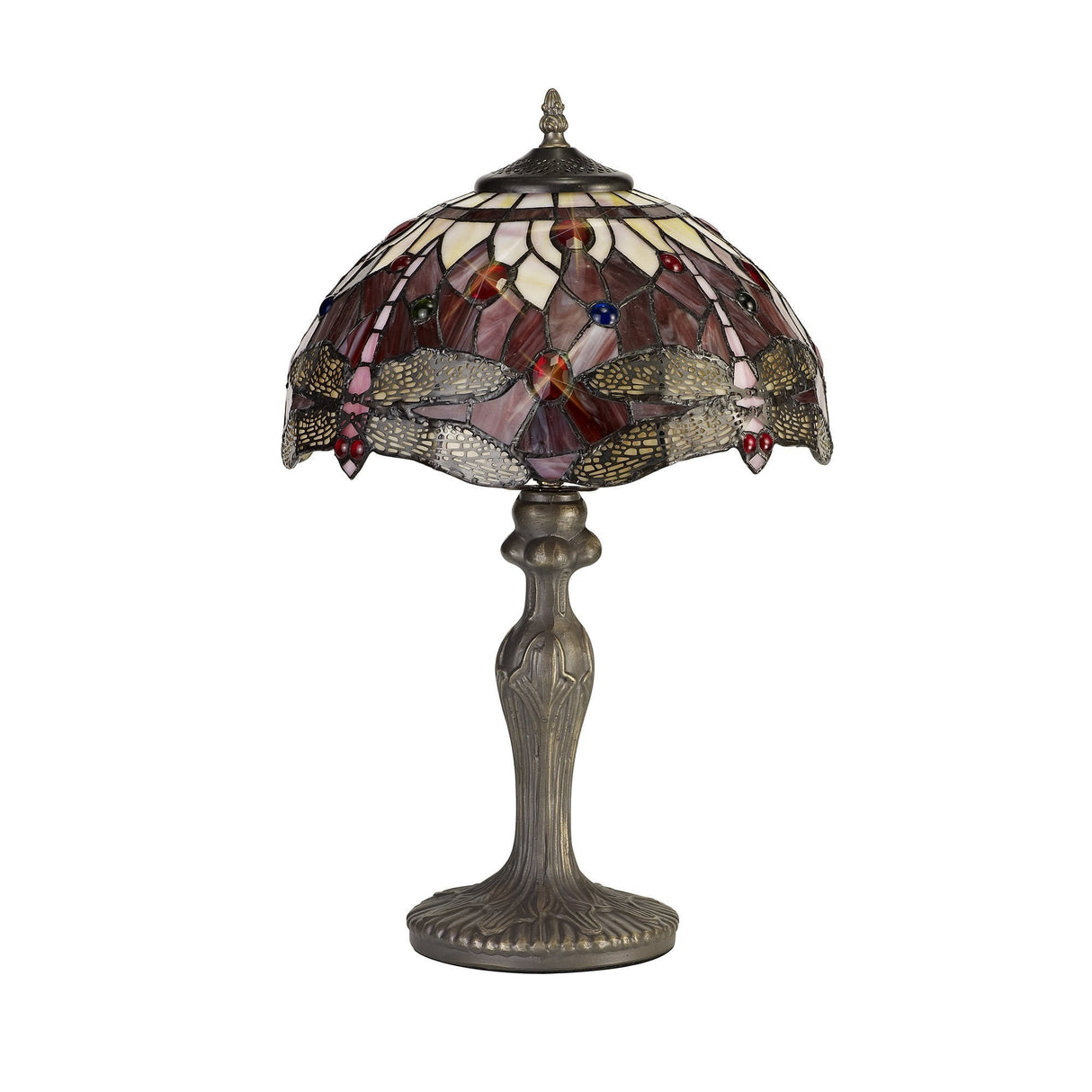 Elegant Tiffany Style Table Lamp with Antique Brass and Crystal Accents, Purple/Pink Shade