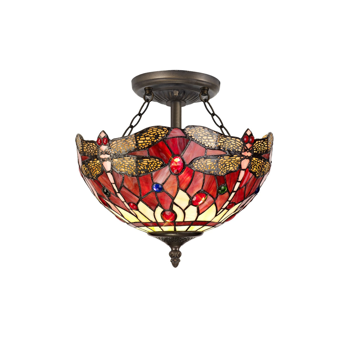 Elegant Antique Brass Tiffany Dual Light Fixture with Purple and Pink Crystal Shade