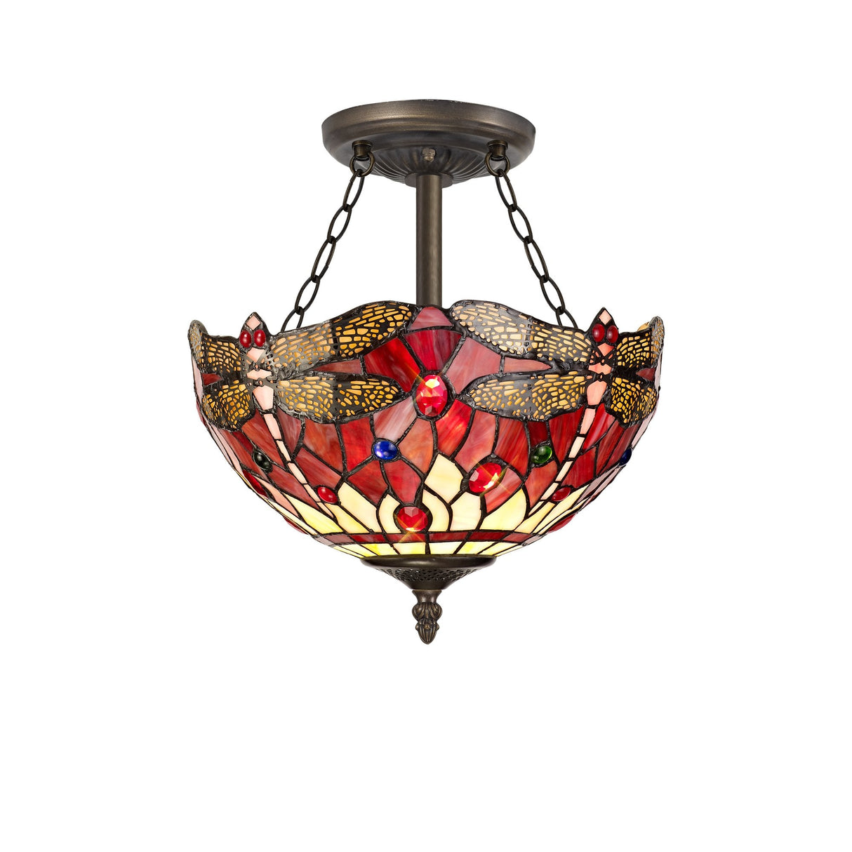 Vintage-Inspired 3-Light Semi-Flush Ceiling Fixture with Tiffany Shade in Purple and Pink