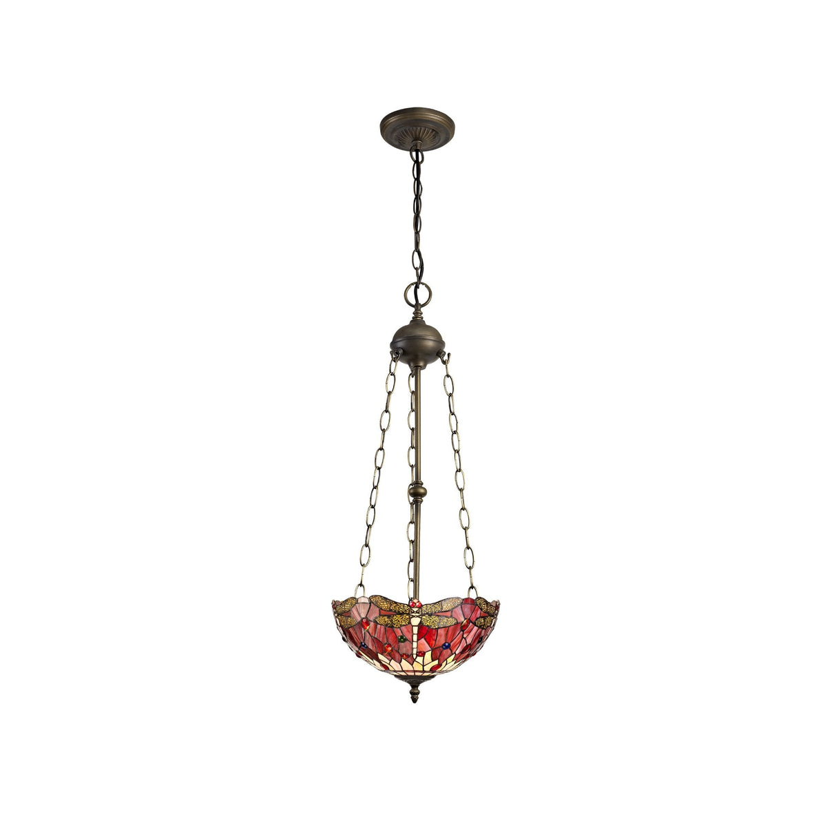 Elegant Antique Brass 3-Light Pendant with Tiffany-Inspired Purple and Pink Shade