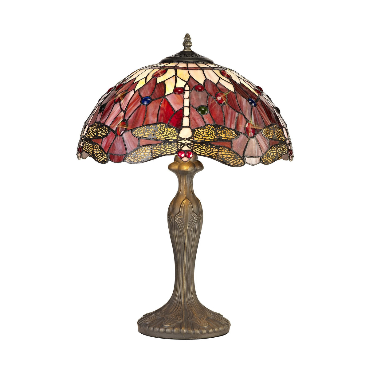 Elegant Dual Light Tiffany Table Lamp with Purple/Pink Crystal Accents and Antique Brass Finish