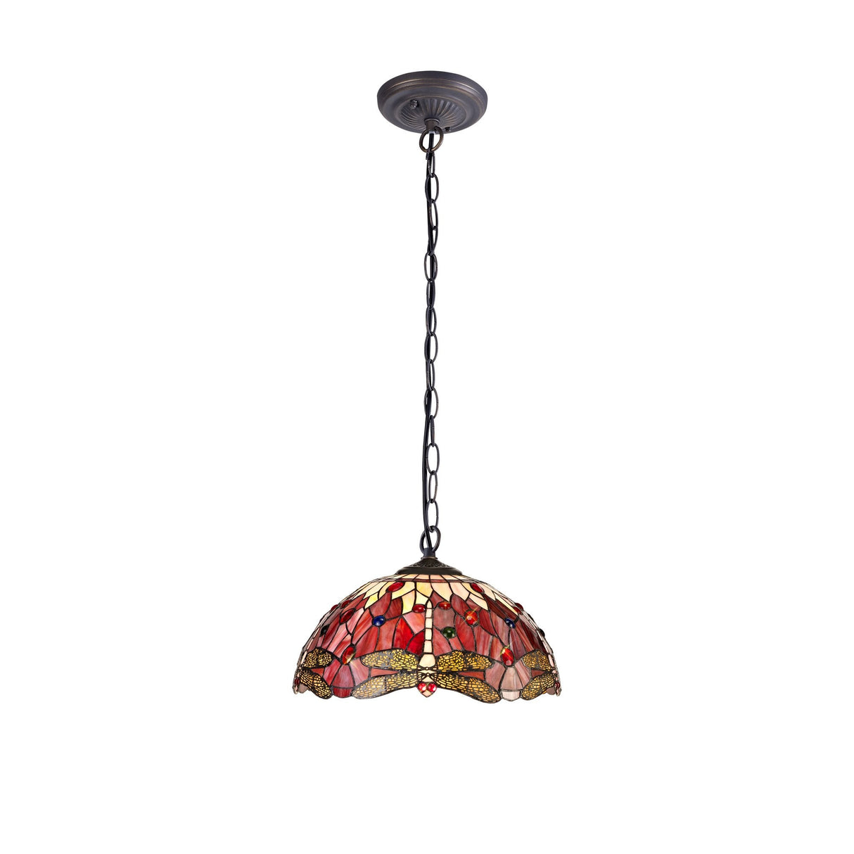 Purple and Pink Tiffany-Style Pendant with Aged Antique Brass Finish and Crystal Accents