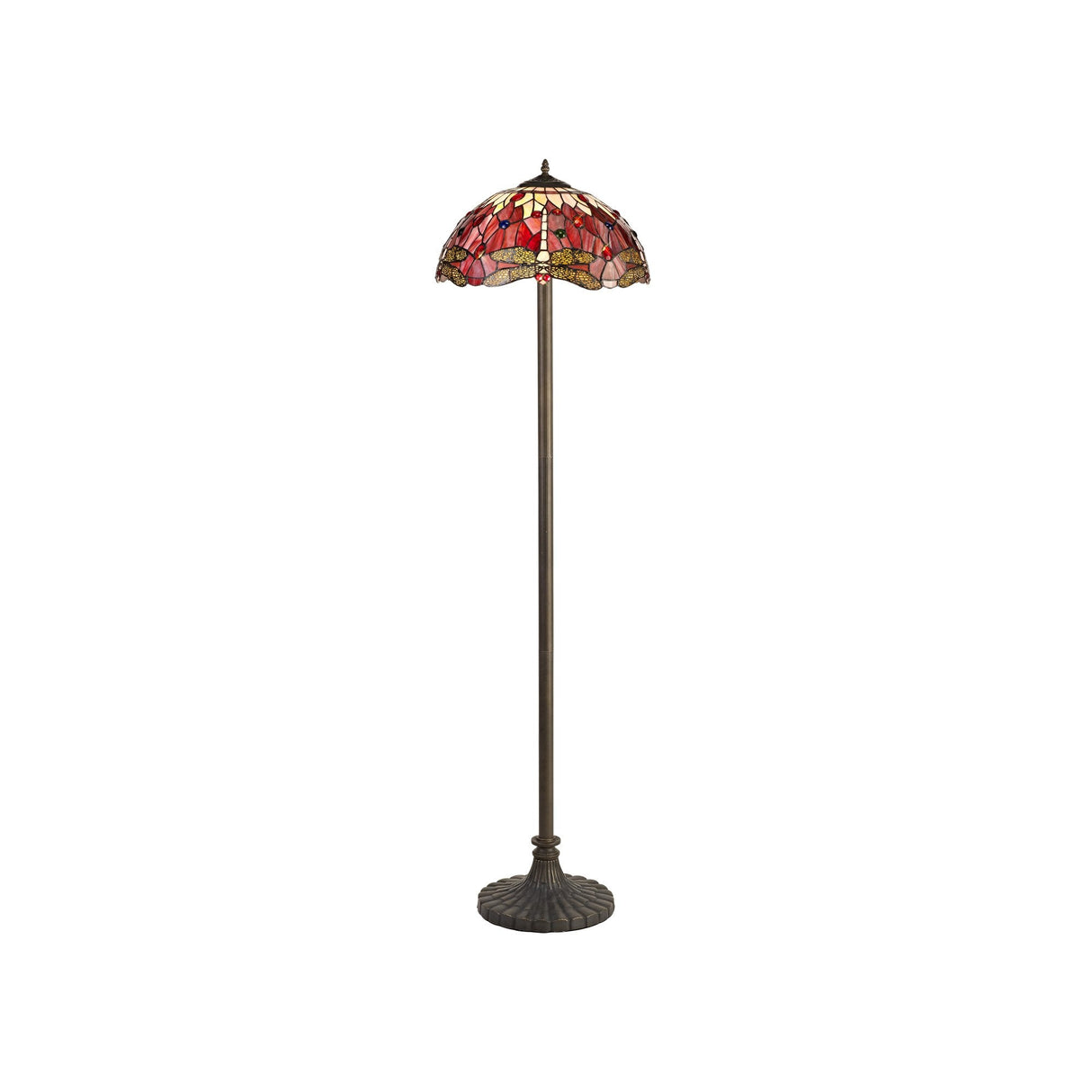 Elegant Two-Tiered Tiffany Floor Lamp with Antique Brass Finish and Crystal Accents in Purple and Pink
