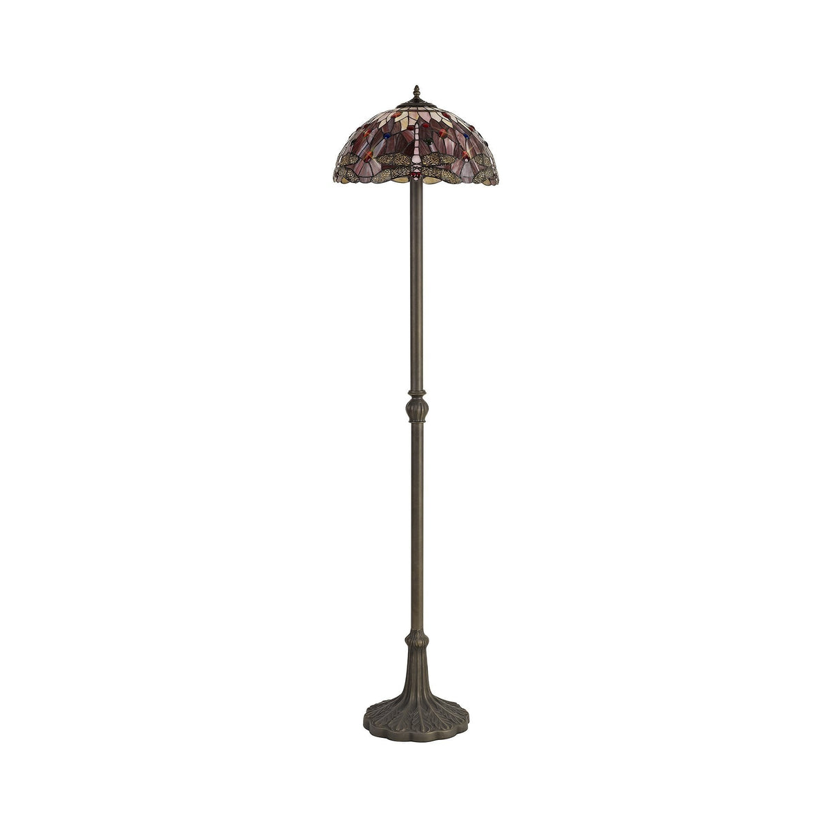 Artisan Leaf Design Floor Lamp with Dual Bulb Tiffany Shade in Purple and Antique Brass