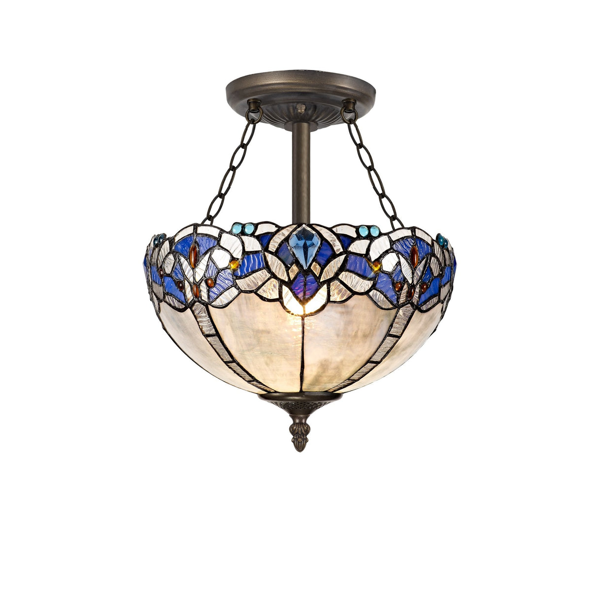 Tiffany Style 3-Light Semi-Flush Ceiling Fixture with Blue Crystal and Antique Brass Finish