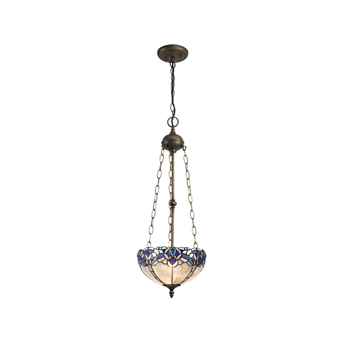 Tiffany Style 3-Light Pendant with Blue Crystal and Antique Brass Finish