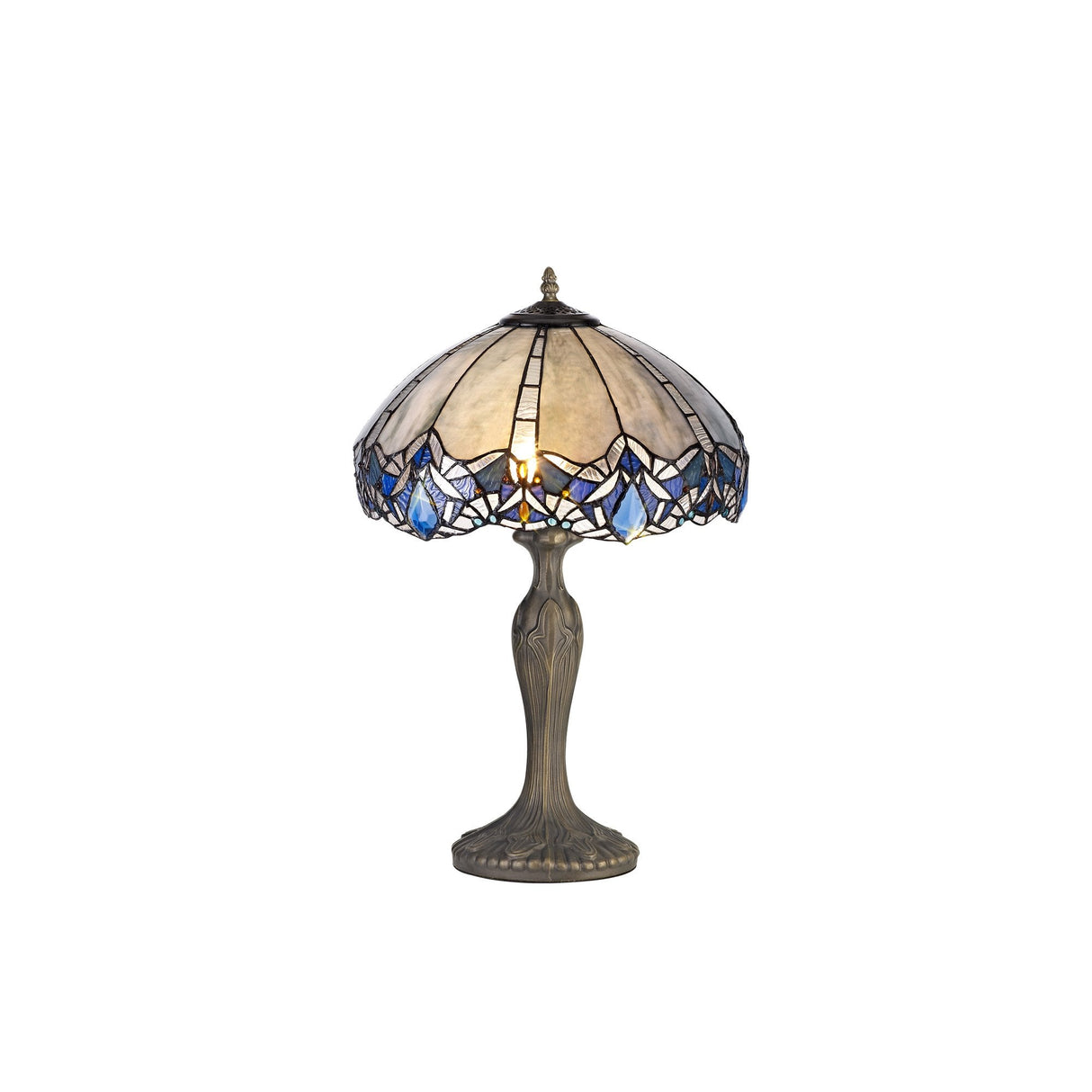 Elegant Dual-Light Table Lamp with 40cm Tiffany Blue and Crystal Shade, Antique Brass Finish