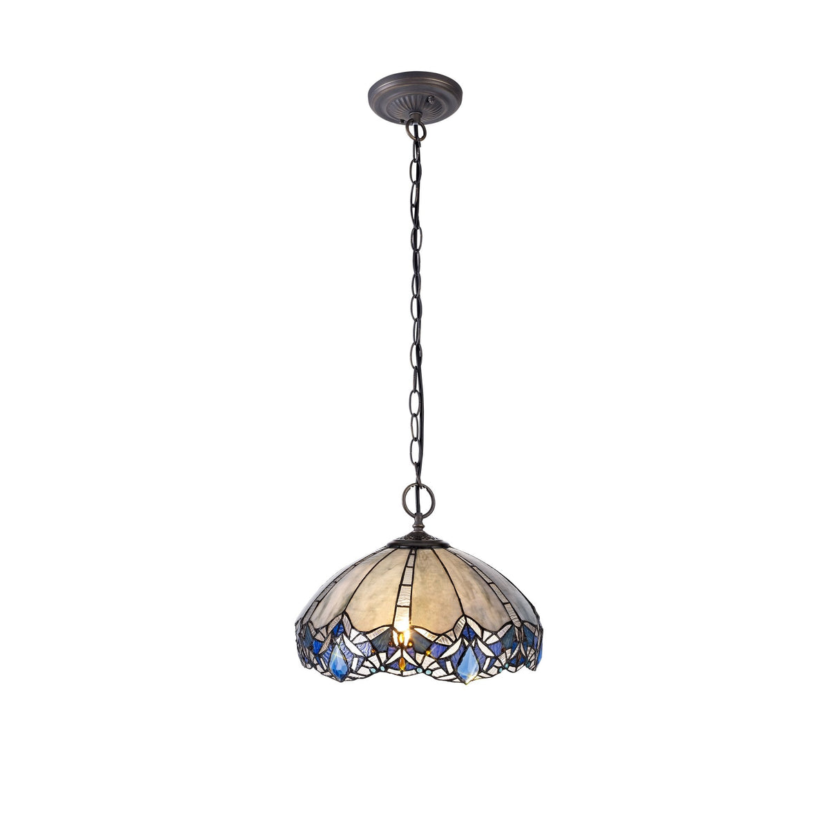 Tiffany Style Pendant with Dual Downlight and Antique Brass Finish, 40cm, Blue/Clear Crystal