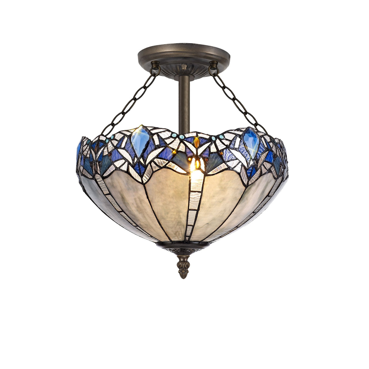 Artisanal 3-Light Tiffany Ceiling Fixture with Blue Crystal and Antique Brass Finish