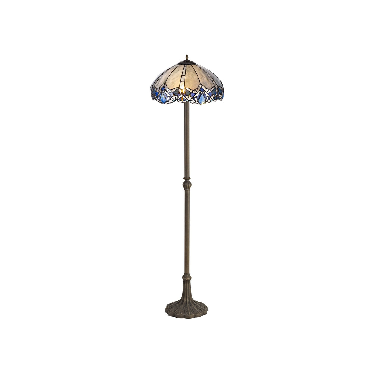 Elegant Two-Light Floor Lamp with Leaf Design and Blue Tiffany Crystal Shade