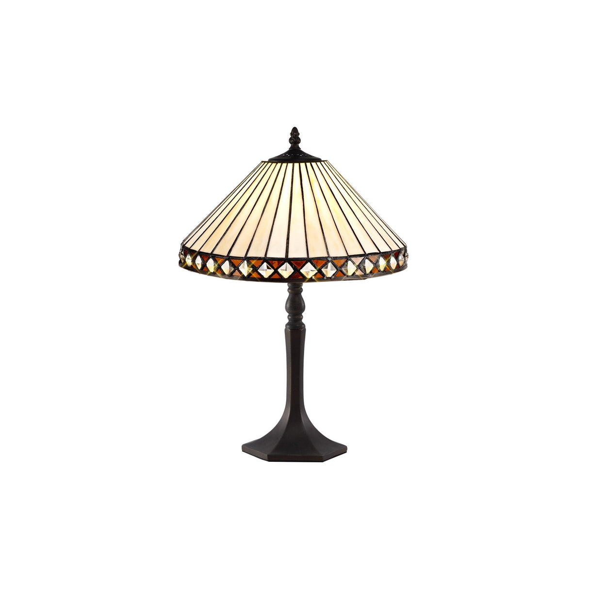 Elegant Octagonal Tiffany Table Lamp with Amber Shade and Antique Brass Finish