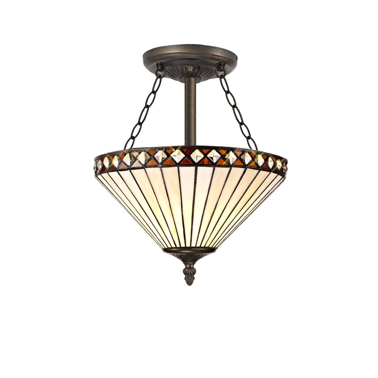 Elegant 3-Light Semi-Flush Mount with Tiffany Glass Shade in Amber and Antique Brass