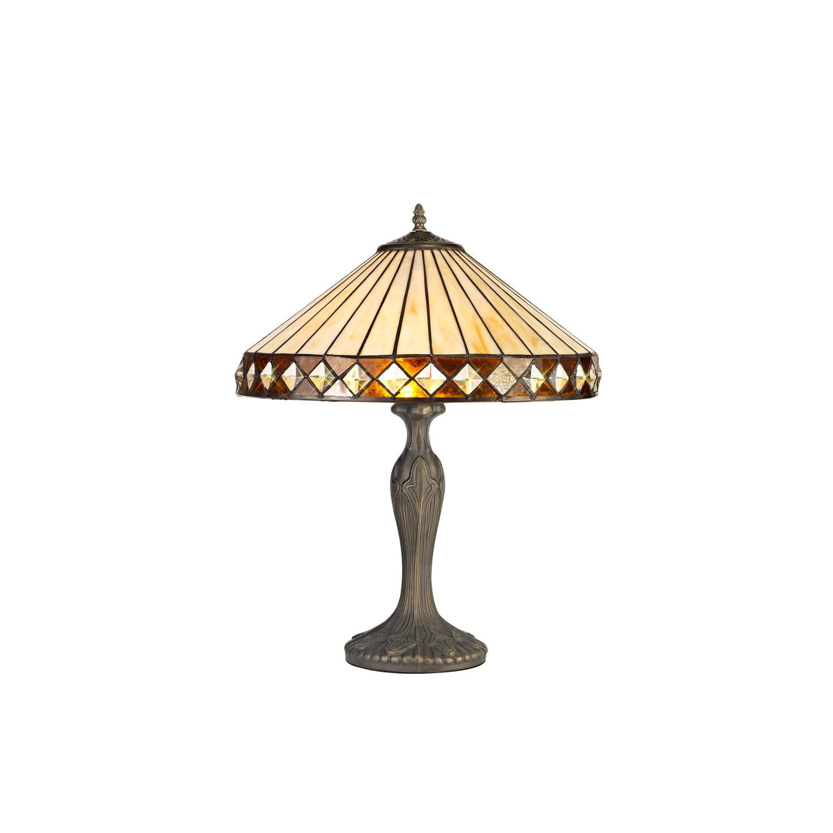 Elegant Amber and Cream Tiffany Style Table Lamp with Crystal Accents and Aged Brass Finish