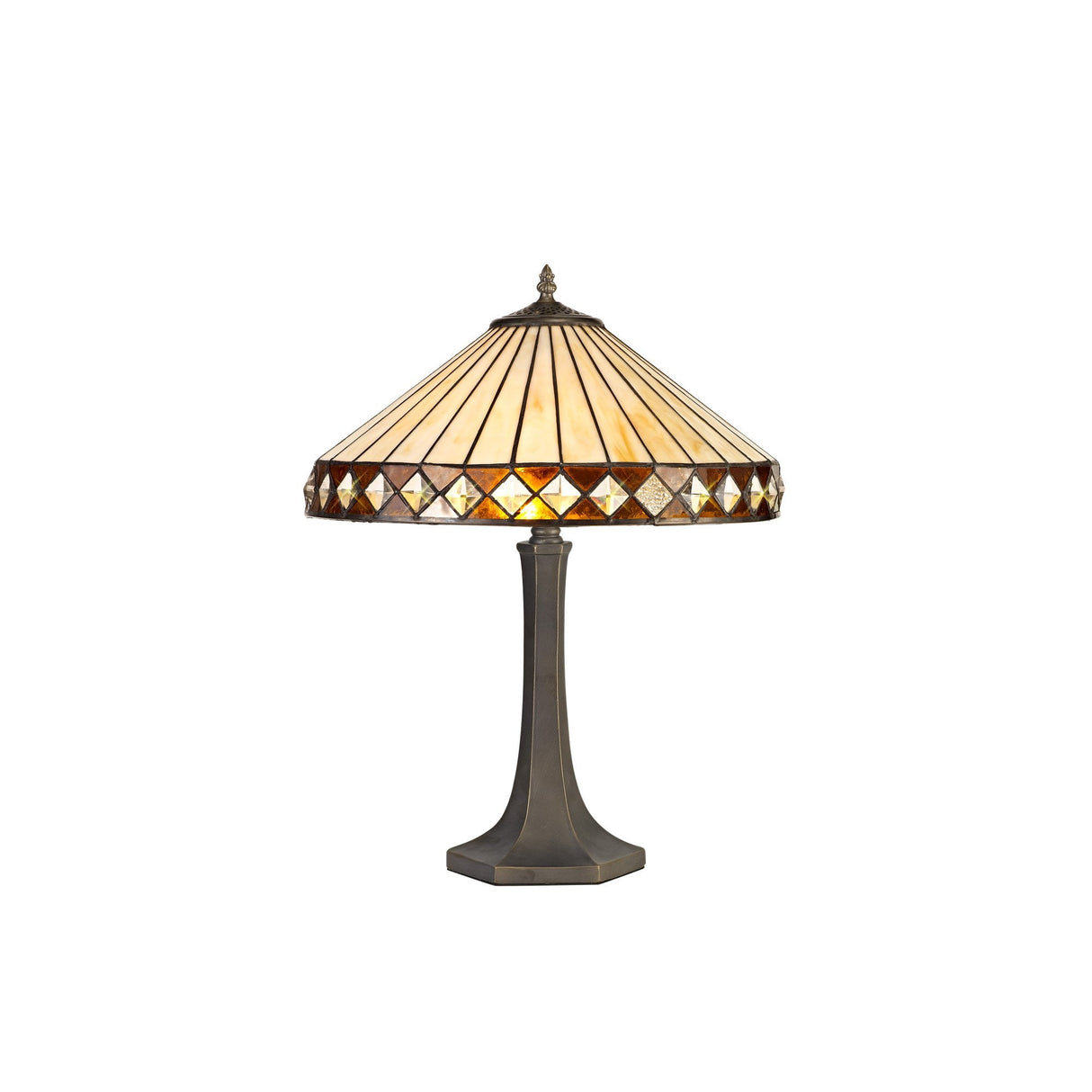 Octagonal Tiffany Table Lamp with Dual Light, Amber & Cream Shade, Antique Brass Finish