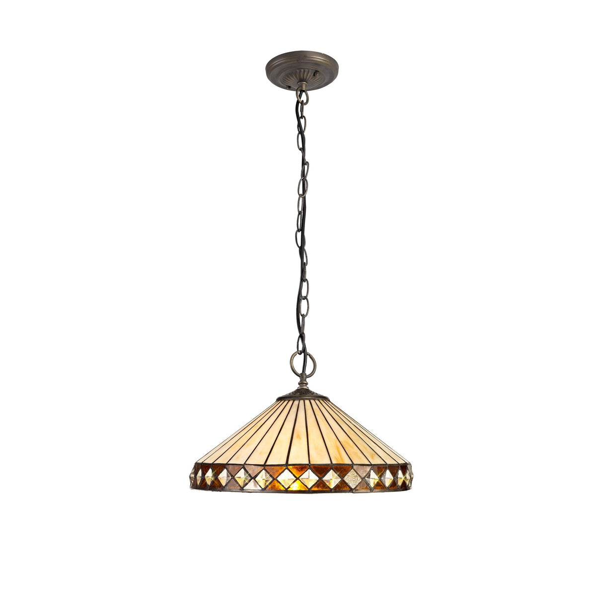 Elegant 3-Light Pendant with Tiffany Shade in Amber and Antique Brass