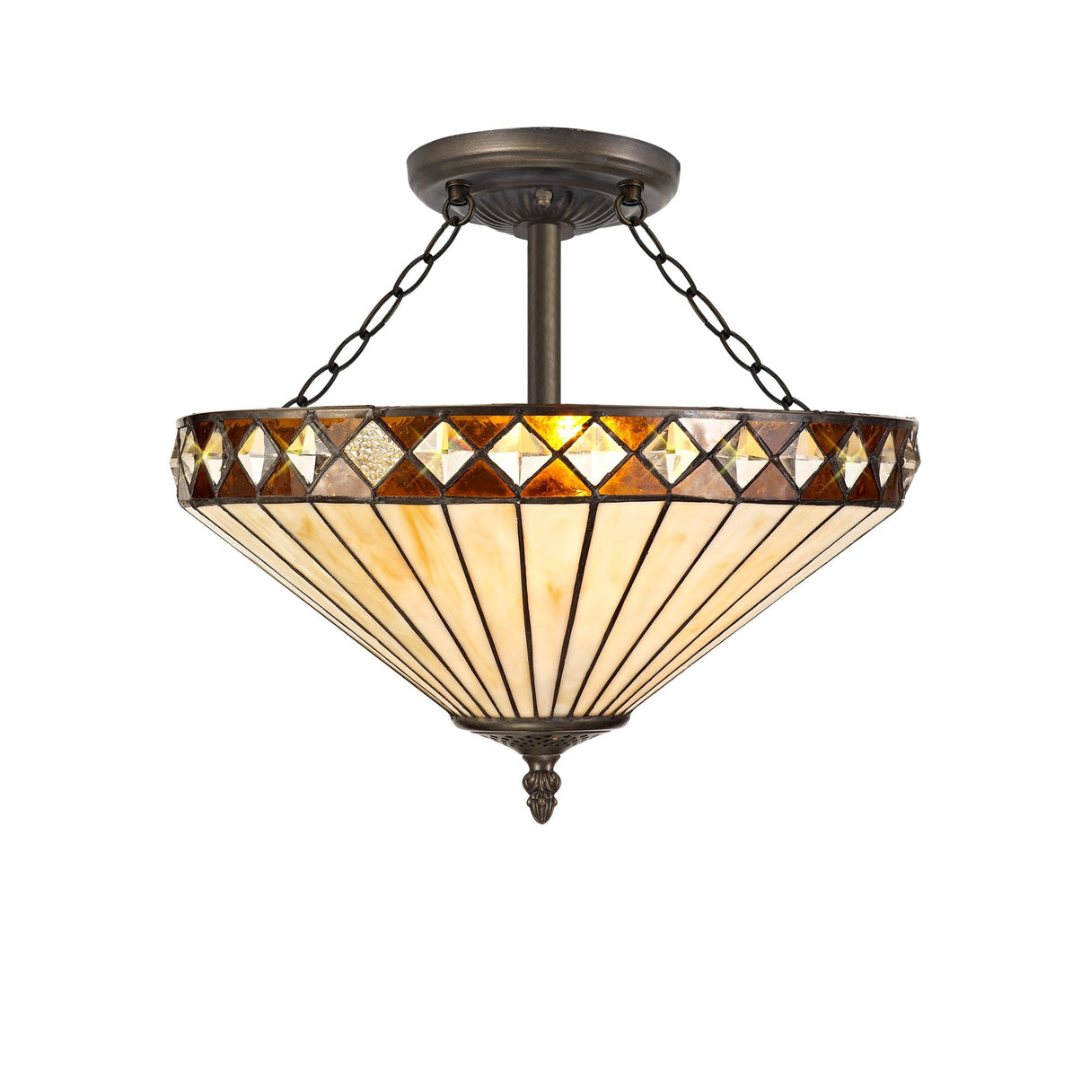Tiffany Style 3-Light Semi-Flush Ceiling Fixture with Amber and Cream Crystal Shade