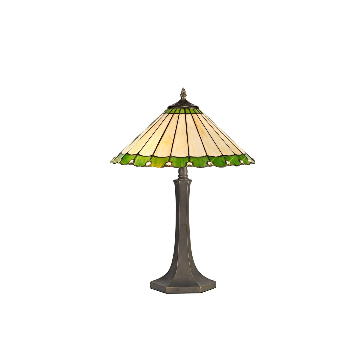 Elegant Octagonal Tiffany Table Lamp with Green and Cream Crystal Shade, Antique Brass Finish