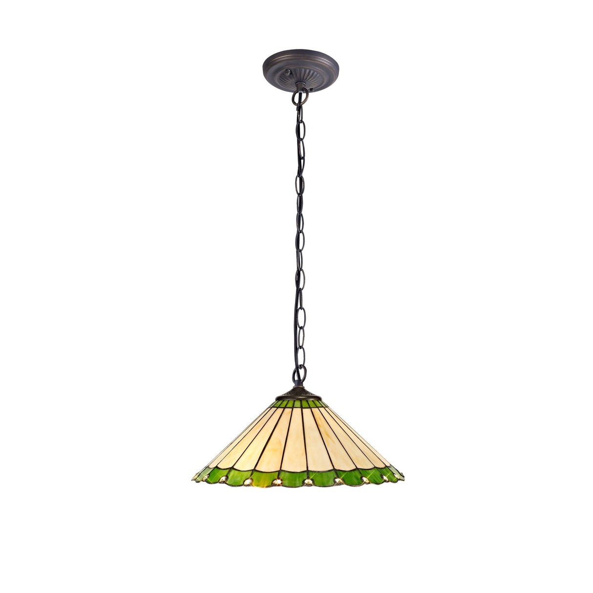 Elegant Tiffany-Style Pendant Light with Green and Cream Crystal Shade, Antique Brass Finish
