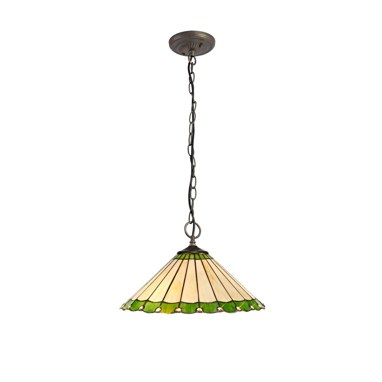 Elegance Collection: Tiffany-Style 3-Light Pendant with Green & Cream Crystal Shade, Antique Brass Finish