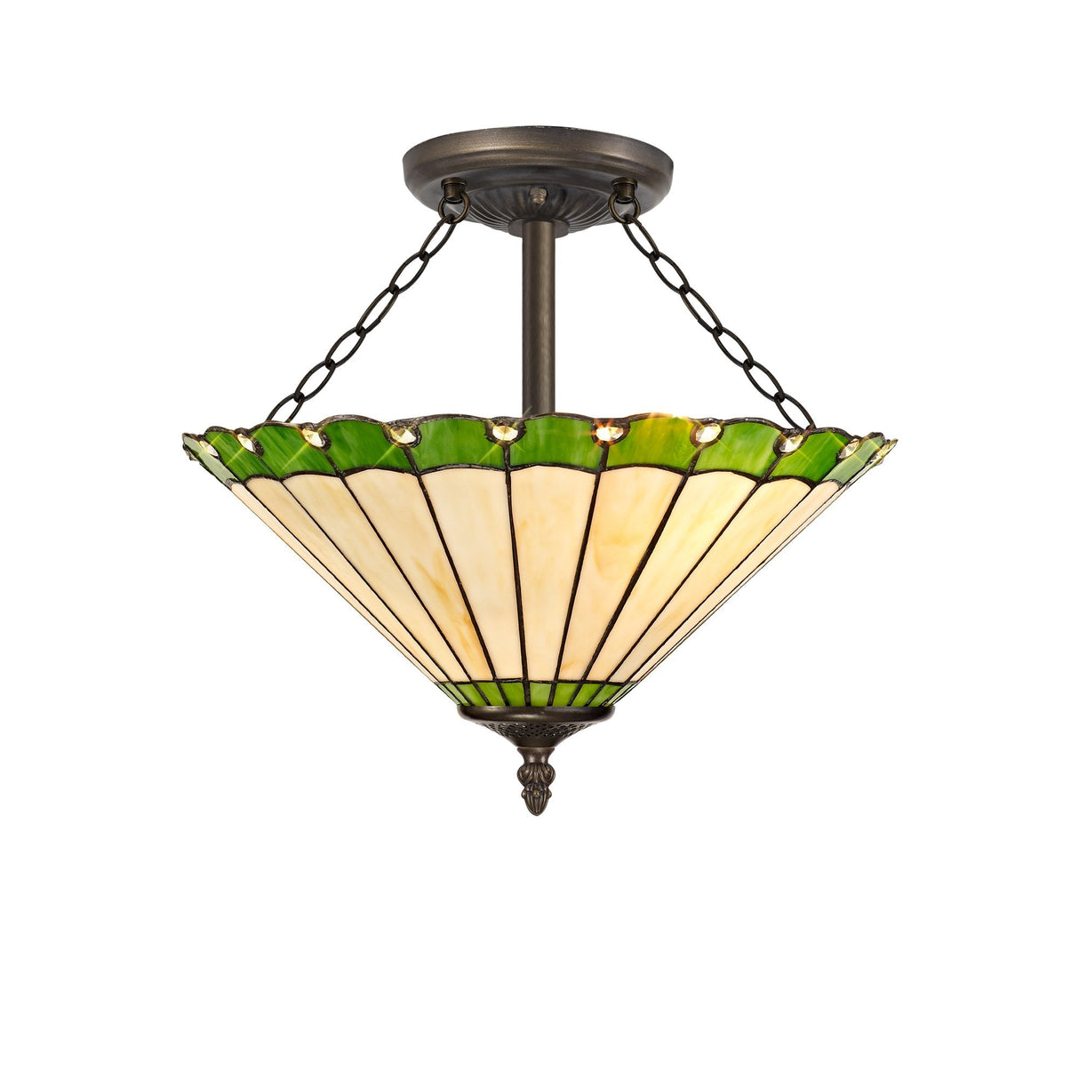 Elegant 3-Light Semi-Flush Fixture with 40cm Tiffany Shade in Green/Cream and Antique Brass Finishes