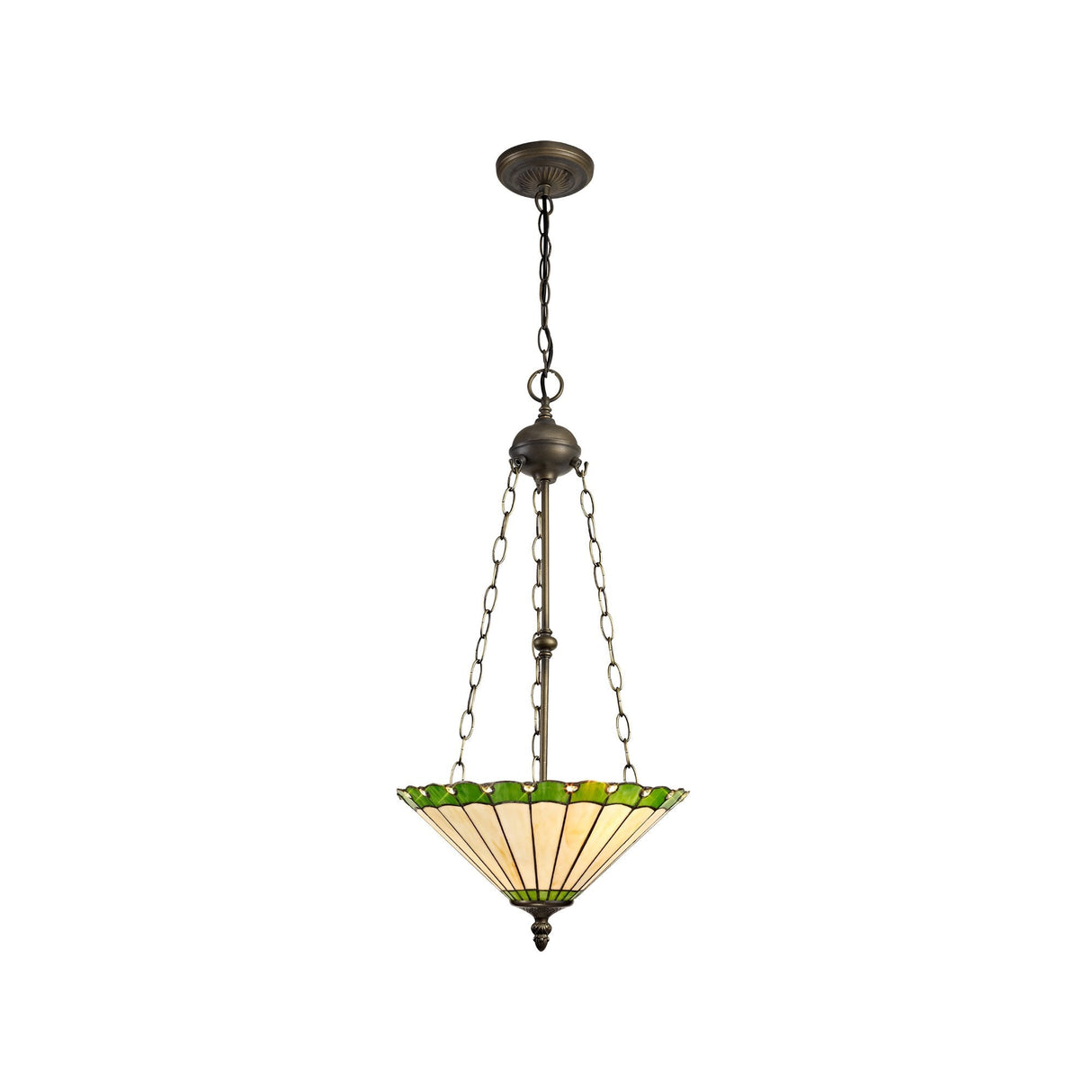 Elegant Triple Light Pendant with 40cm Green, Cream, and Crystal Tiffany Shade in Aged Antique Brass Finish