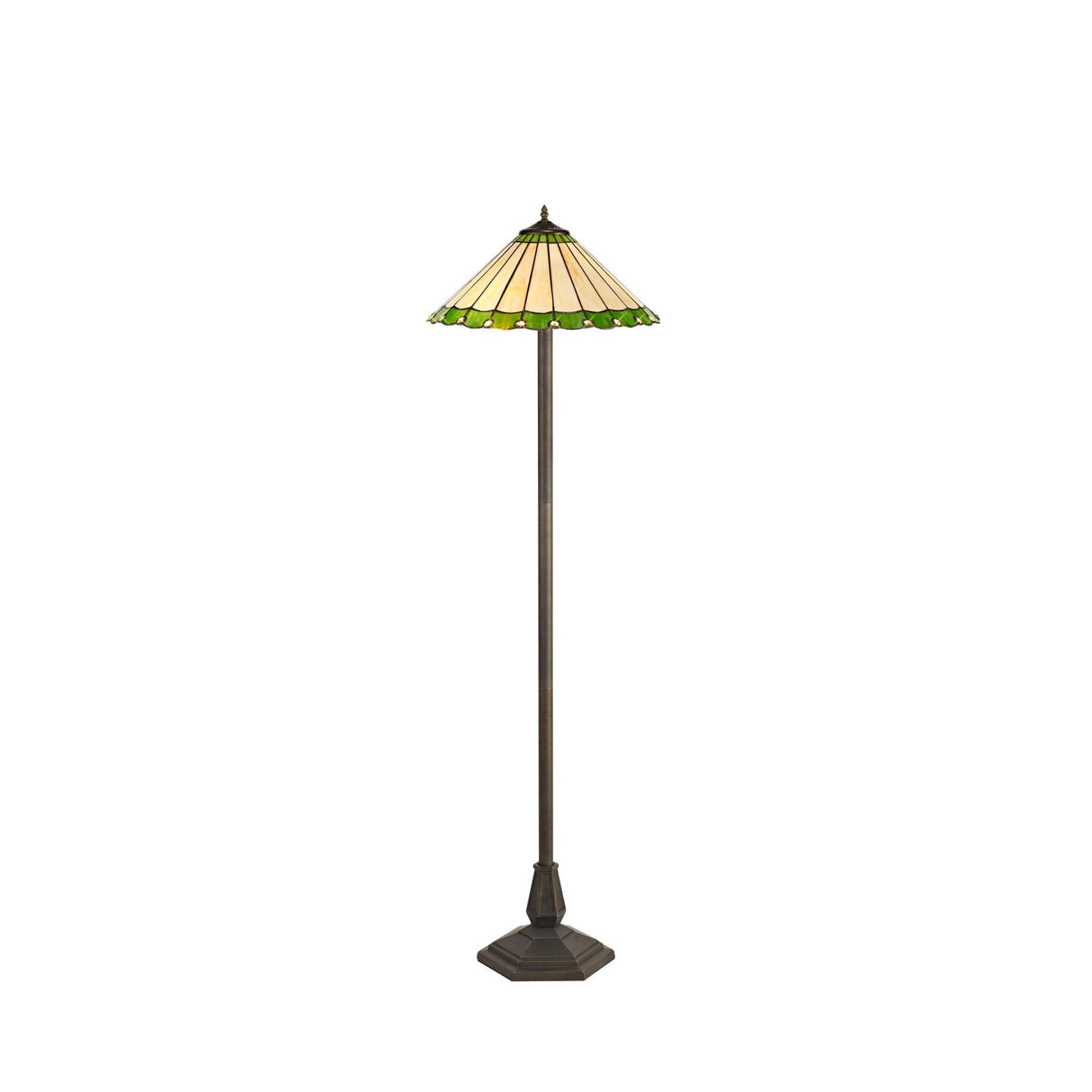 Octagonal Floor Lamp with 40cm Stained Glass Shade in Green/Cream and Aged Antique Brass Finish